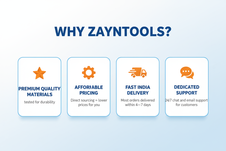 “WHY ZAYNTOOLS?” TRUST SECTION Use 4 cards: ⭐ Premium Quality Materials, tested for durability. ⚙ Affordable Pricing Direct sourcing = lower prices for you. 🚚 Fast India Delivery Most orders delivered within 4–7 days. 💬 Dedicated Support 24/7 chat and email support for customers. can you make a beautiful banner image